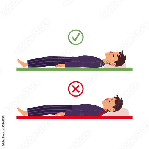 Incorrect and correct neck and spine alignment of young cartoon man character sleeping with back sleeping posture. Unhealthy sleeping position. Back, spine care concept. Vector isolated illustration