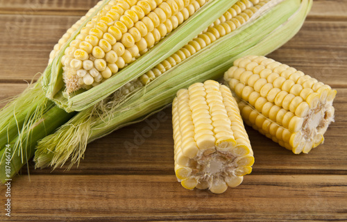 corn on a wooden table photo