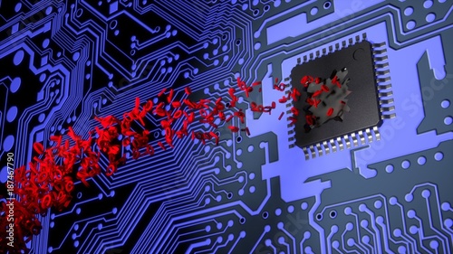 Foto Cracked open chip on a circuit board spitting out red binary stream