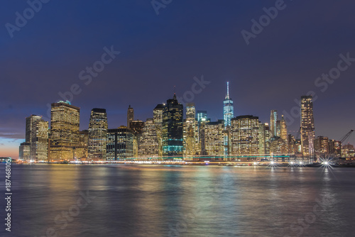 Manhattan s Financial district skyline at night from the Brooklyn Bridge Park  New York City