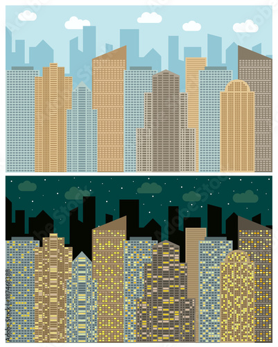 Street view with cityscape, skyscrapers and modern buildings in the day and night. Vector urban landscape illustration. 

