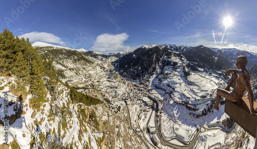 Village of Canillo panoramic view from observation deck, in Roc Del Quer trekking trail. Andorra. photo