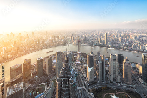 Photography Shanghai skyline and cityscape at sunset