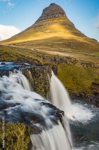 Kirkjufellfoss waterfall and Kirkjufell Mountain  Iceland
