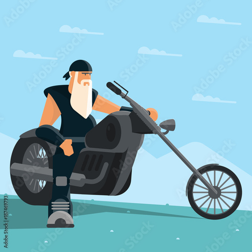 Flat illustration with biker riding chopper motorcycle.