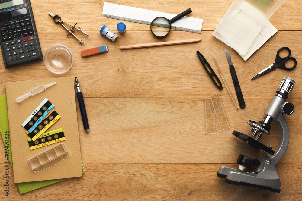 Desktop with various stationery for school education, top view Desktop with various stationery for school education, top view