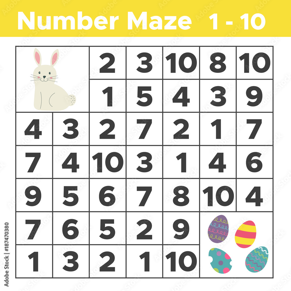 number maze mathematical puzzle game for children help bunny find easter eggs counting from one to ten worksheet for preschool and school kids vector illustration stock vector adobe stock