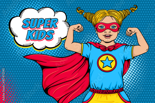 Wow face. Cute surprised blonde little girl dressed like superhero with open mouth shows her power and Super Kids speech bubble. Vector illustration in retro pop art comic style. Invitation poster.