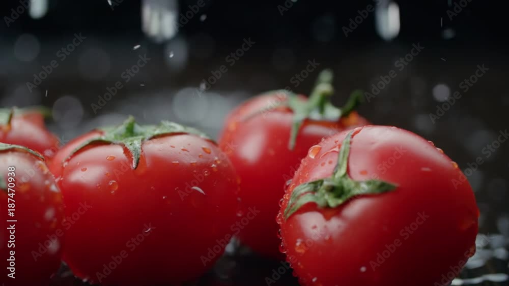 slow motion food, ripe juicy tomatoes under running water, dolly shot