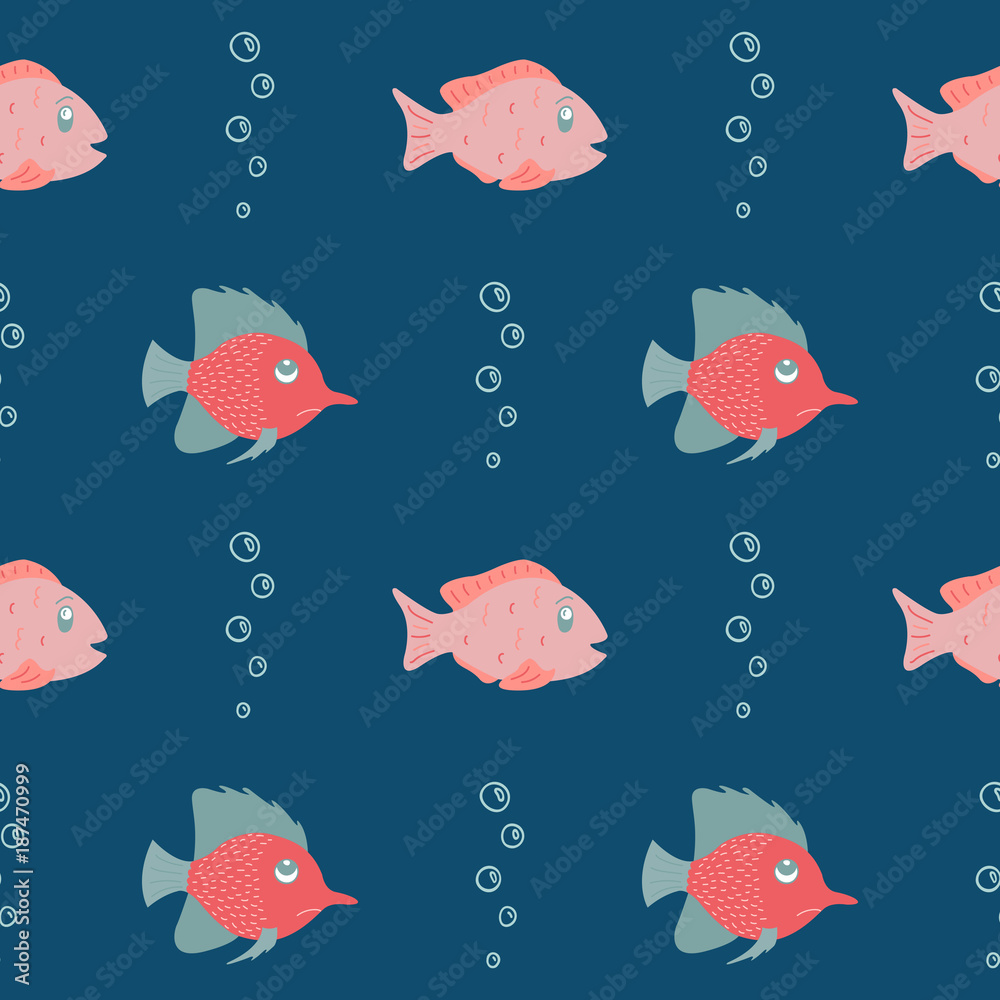 Seamless pattern with lovely hand-drawn fishes.