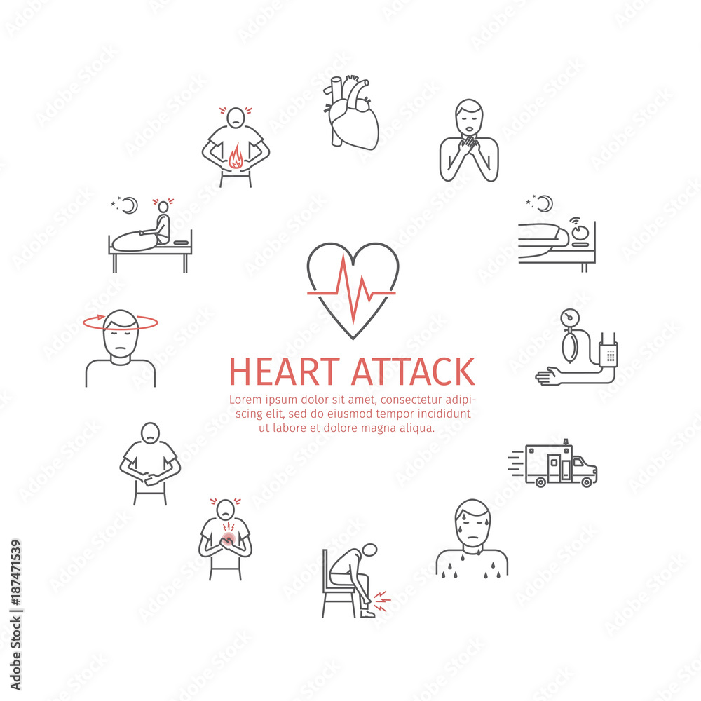 Heart Attack. Symptoms, Treatment. Line icons set. Vector signs for web graphics. Heart Attack. Symptoms, Treatment. Line icons set. Vector signs for web graphics.