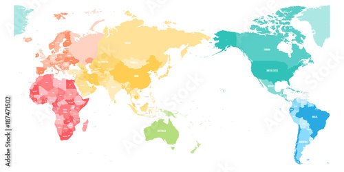 Fototapeta Naklejka Na Ścianę i Meble -  Colorful political map of World divided into six continents and focused on Asia, Australia and Oceania region. Blank vector map in rainbow spectrum colors.
