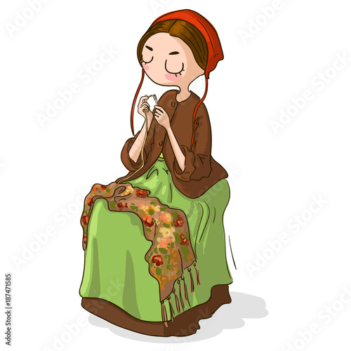 Cute cartoon girl Threading a Needle.