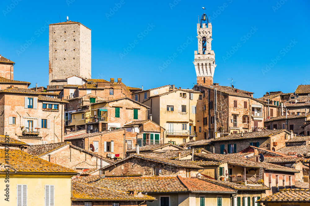  View of old centre town Siena in Tuscany, Italy.Rooftops of old city center of Siena, Italy.