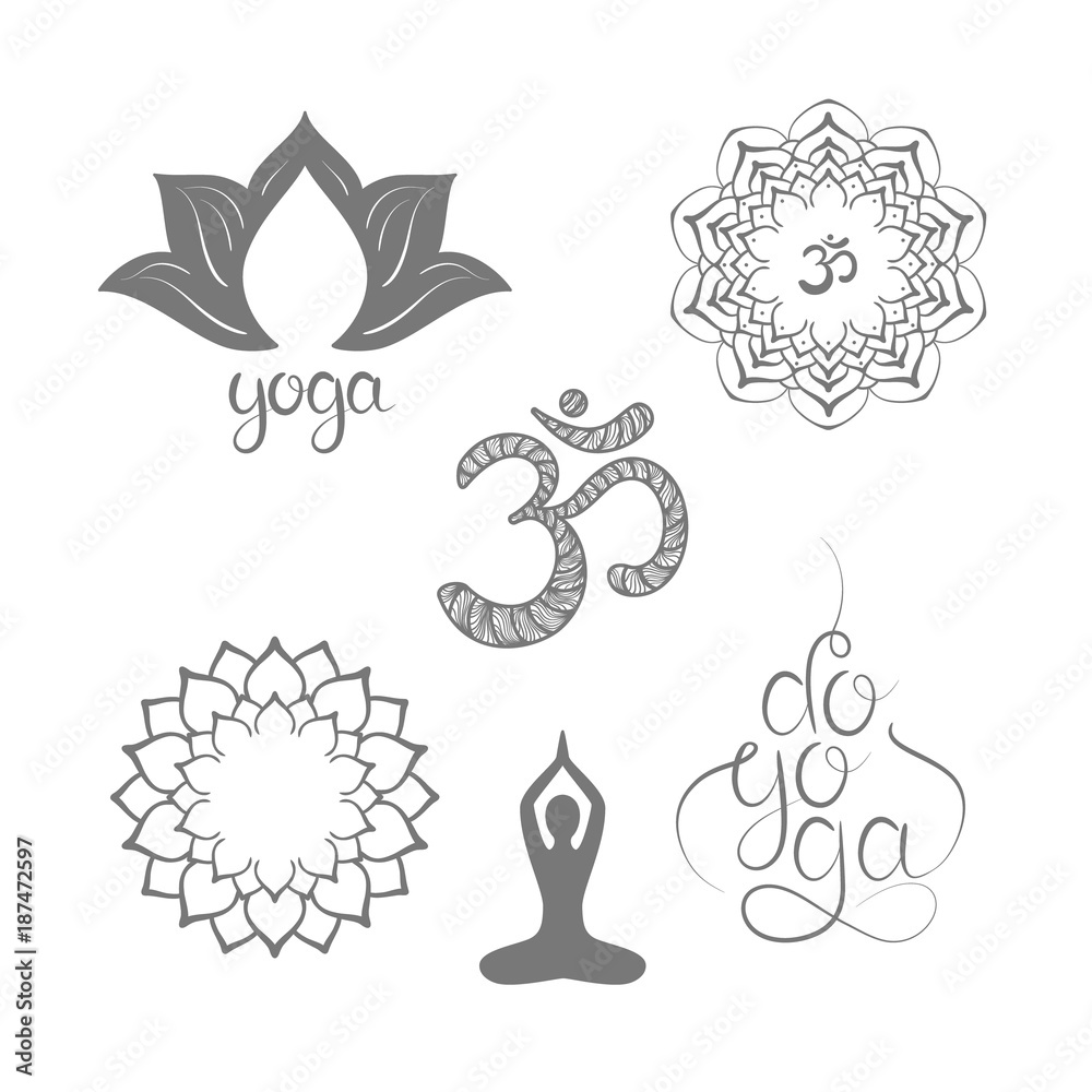 Om symbol with hand drawn mandala, Lotus. Do Yoga. Lettering. Set of oriental ornaments for yoga studio poster and logo, coloring book. Om symbol with hand drawn mandala, Lotus. Do Yoga. Lettering. Set of oriental ornaments for yoga studio poster and logo, coloring book.