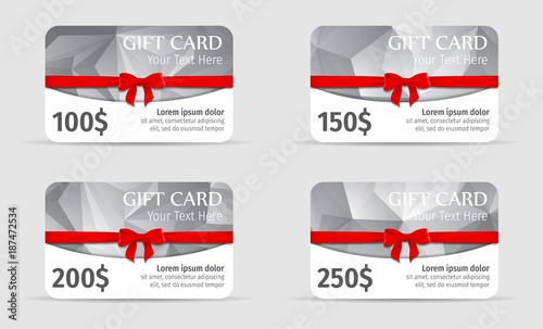 Gift cards polygonal background with bow and ribbon. Gift voucher 100$, Gift voucher 150$, Gift voucher 200$, Gift voucher 250$.