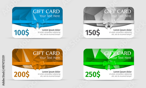 Gift cards polygonal background with bow and ribbon. Gift voucher 100$, Gift voucher 150$, Gift voucher 200$, Gift voucher 250$.