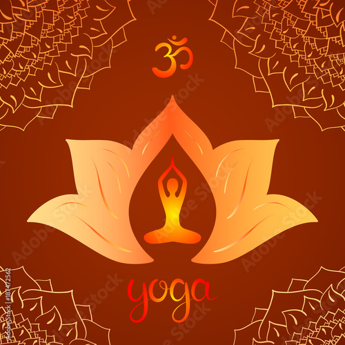 Om symbol with hand drawn mandala, Lotus. Yoga asana. Lettering. Set of oriental ornaments for yoga studio poster and logo, coloring book.