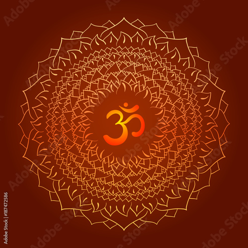 Mandala frame with Om symbol. Hand drawn oriental ornament for greeting card, invitation, coloring book, yoga poster.