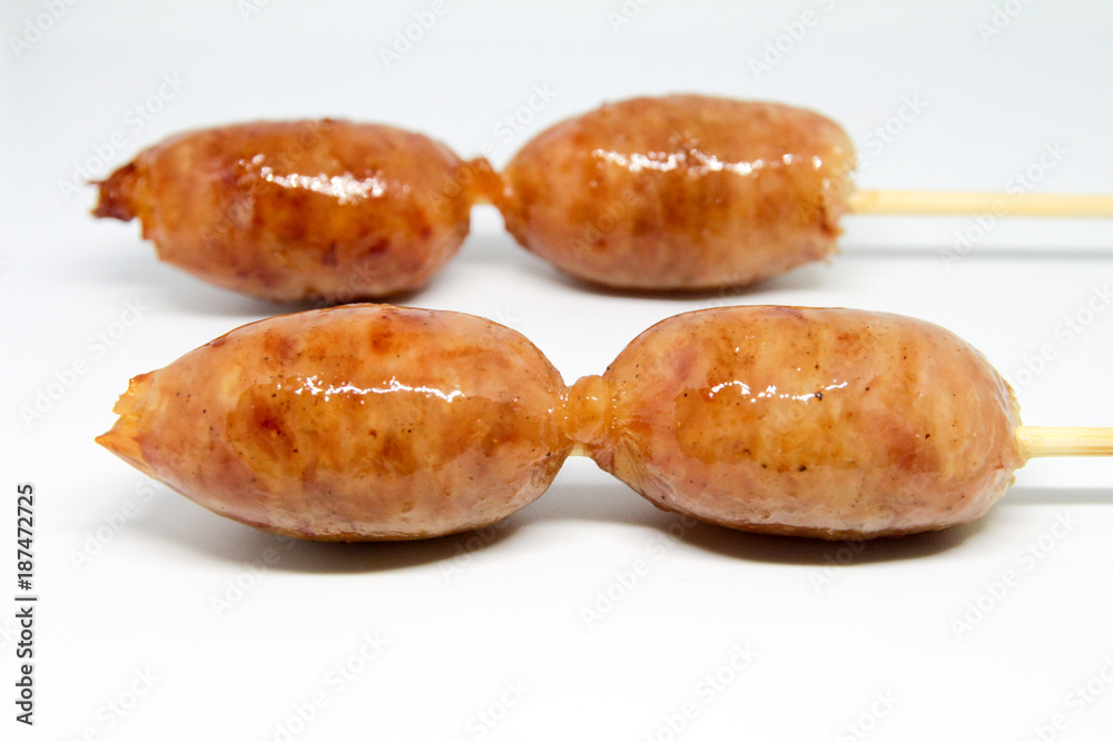 Sausage with skewer white background , Thai street food menu Sausage with skewer white background , Thai street food menu