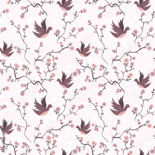 Canvas Print Springtime branches and flowers with birds seamless pattern