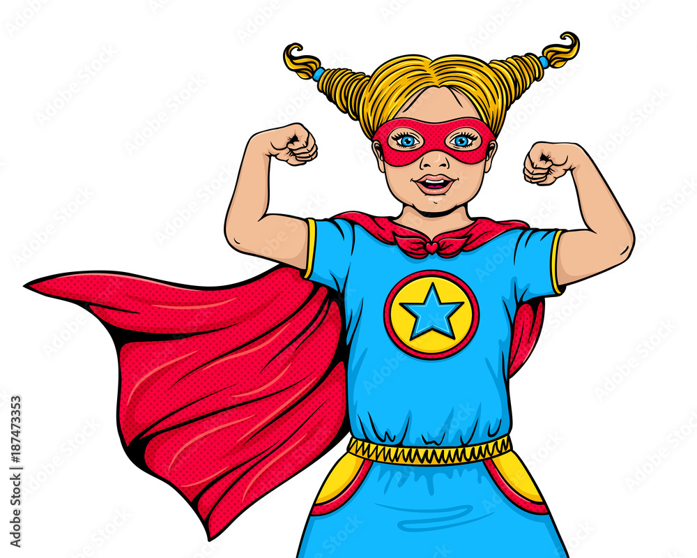 Cute happy little girl dressed in superhero costume with open mouth shows  her power and strength.