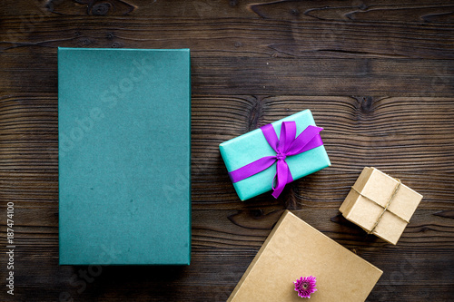wrapping gifts in box for holiday top view mock up