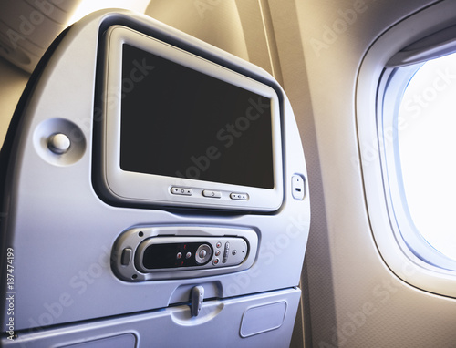 Airplane seats Blank screen monitor Passenger Entertainment on board © VTT Studio