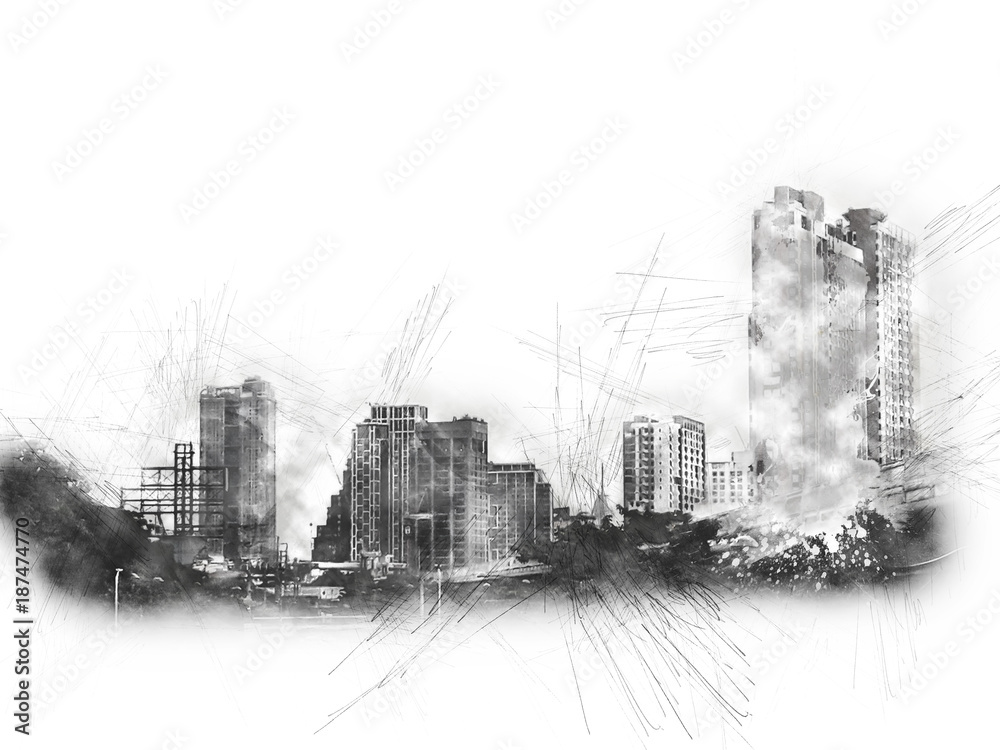 Abstract Building on watercolor painting background. City on Digital illustration brush to art.