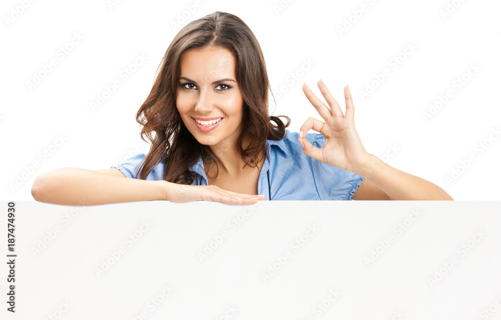 Beautiful young woman showing blank signboard Beautiful young woman showing blank signboard