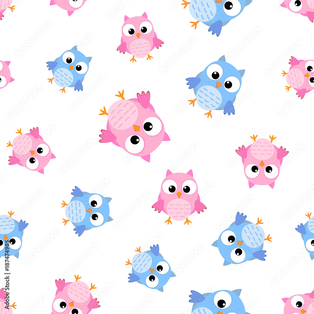 Cute cartoon owl seamless pattern background. Business flat vector illustration. Owl bird symbol pattern. Cute cartoon owl seamless pattern background. Business flat vector illustration. Owl bird symbol pattern.