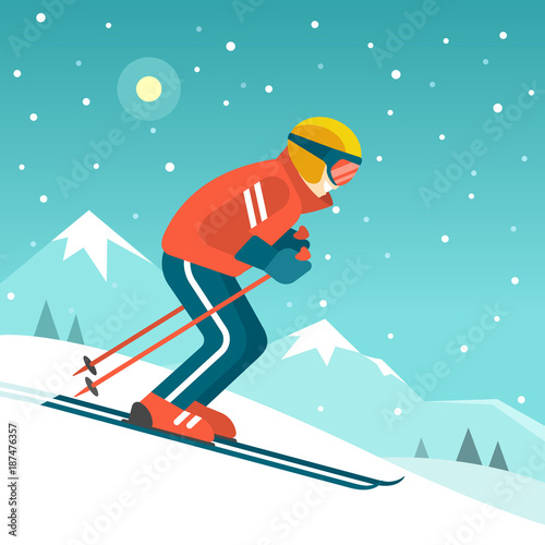 Skiing in the mountains. Vector illustration in trendy flat style with skier in red red sports suit skiing downhill on the snow mountains landscape background.