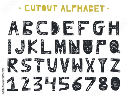 Fototapeta Wycinanka ABC - alfabet łaciński. Unikalne ręcznie wykonane litery z ornamentem ludowym w skandynawskim stylu.