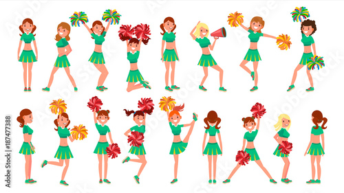 High-School Profession Cheerleading Teams Vector. In Action. Fans Girls Dancing With Pompoms. Jumping And Dancing Together. Cartoon Character Illustration