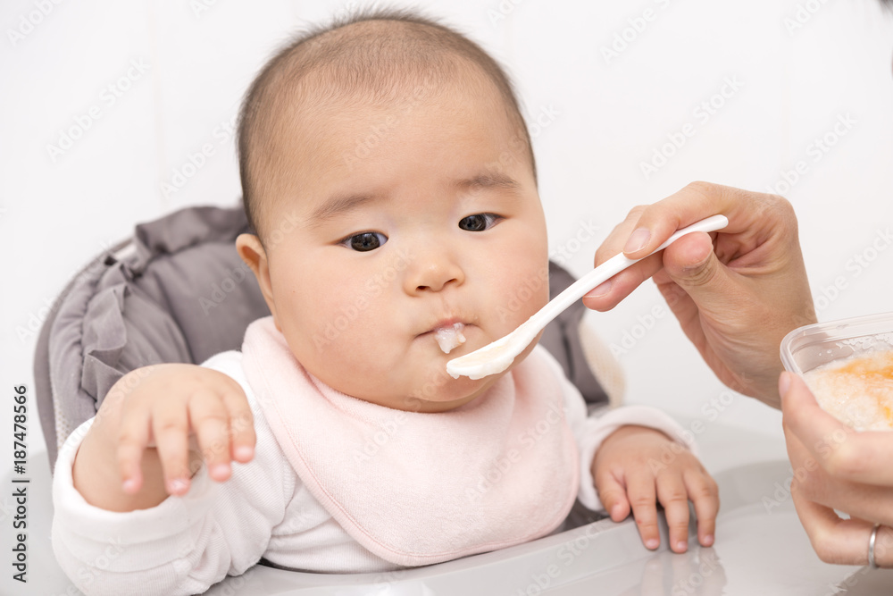 母親に離乳食をたべさせてもらう赤ちゃん 母親に離乳食をたべさせてもらう赤ちゃん