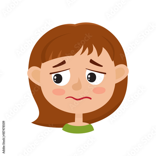 Little girl upset face expression isolated on white background.