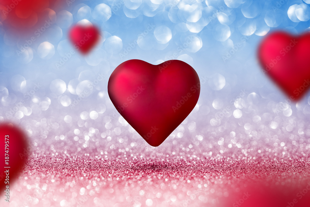Valentines Card - Shiny Two Hearts On Red and Blue Background