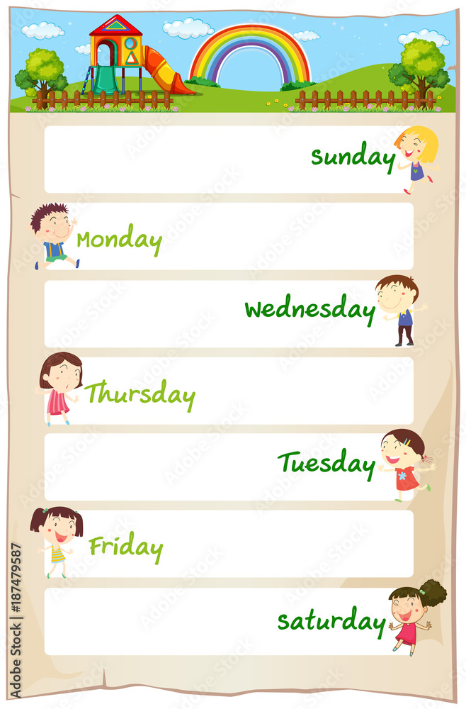 Days of the week poster with happy children