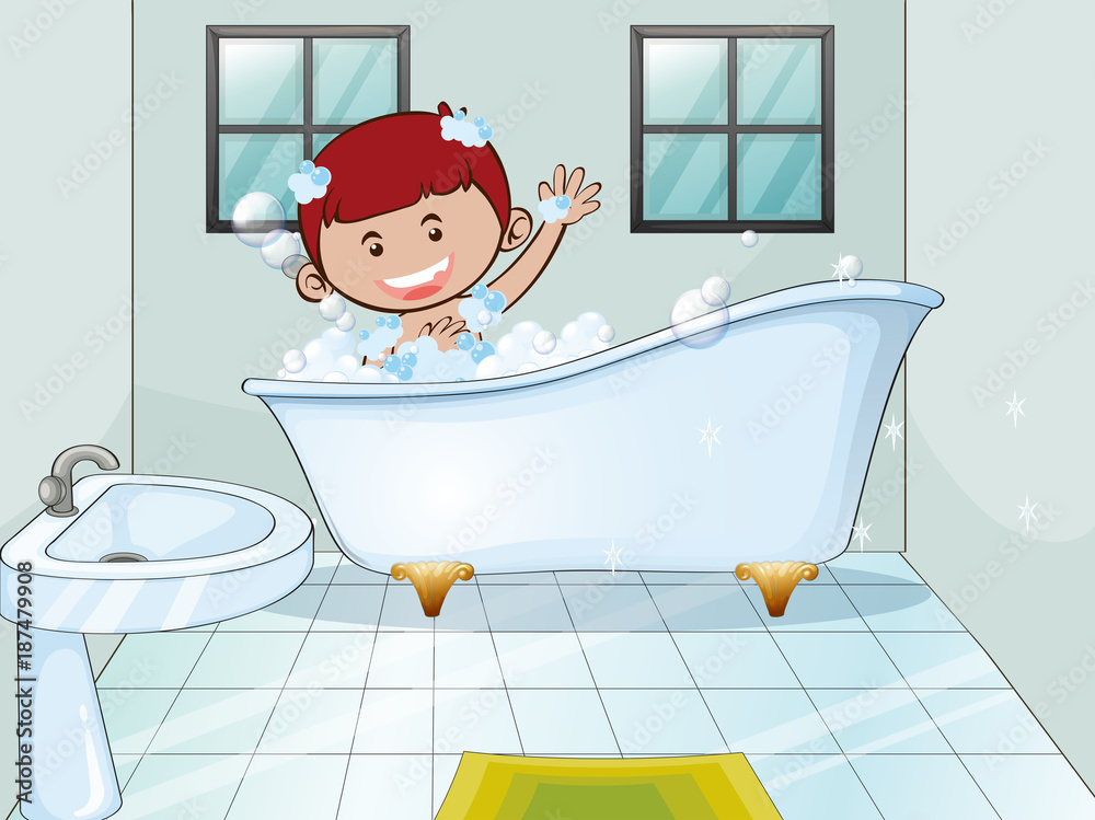 Naklejka premium Boy taking bubble bath alone