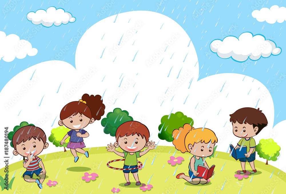 Happy children playing in the rain
