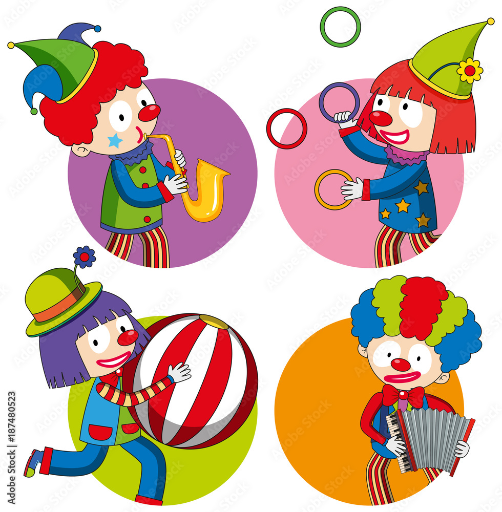 Sticker design with happy clowns Sticker design with happy clowns