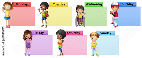Seven days of the week note template with kids