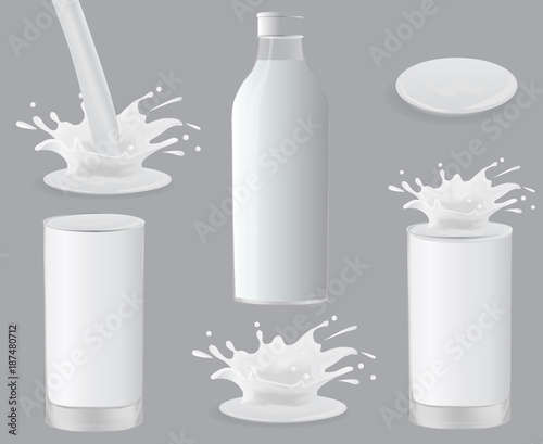 Milk.Natural dairy products. 3d vector object set.Set of splashing and pouring milk, bottle, jug, glass.