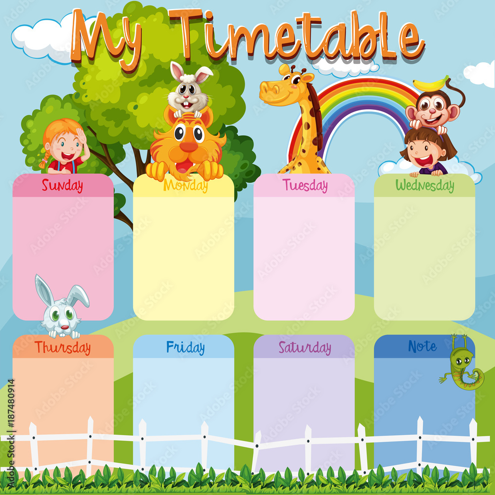 Fototapeta premium Timetable template with animals and kids