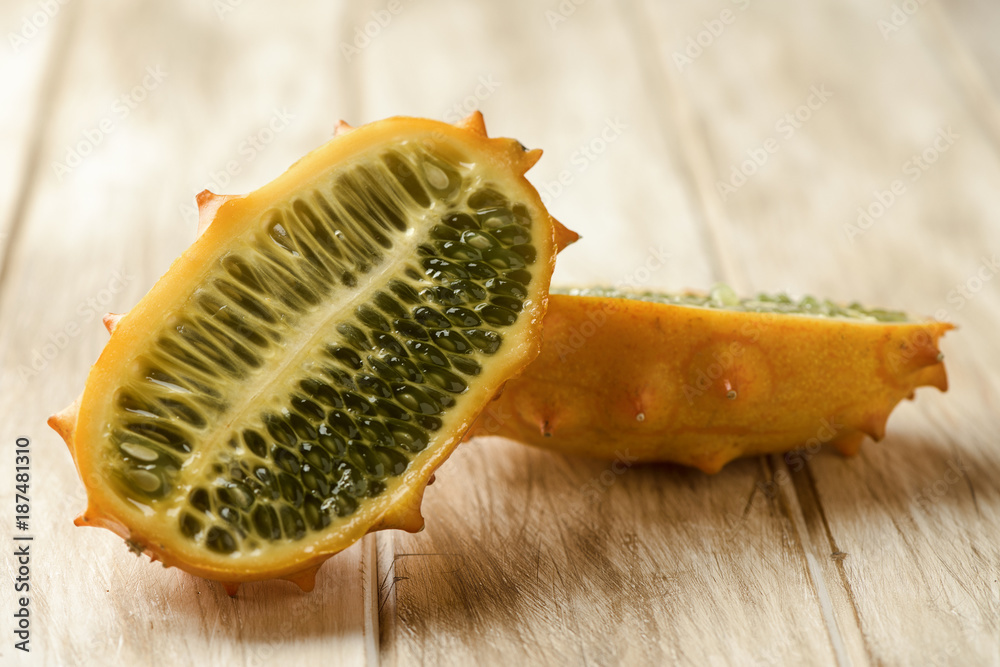 kiwano or horned melon cut in halves kiwano or horned melon cut in halves