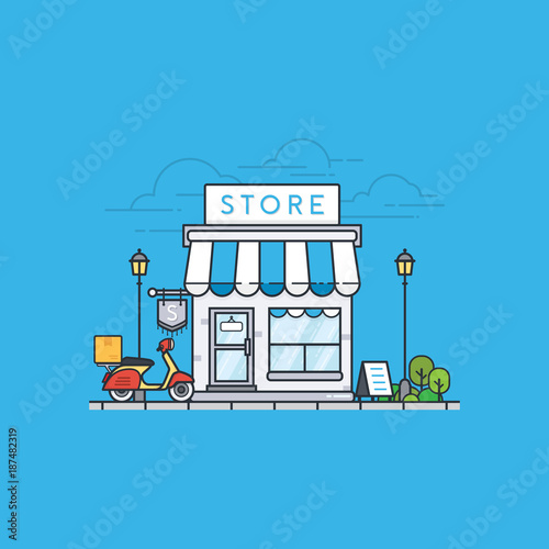 Online store building on blue background. Store front and scooter delivery. Street local retail shop building. Vector illustration