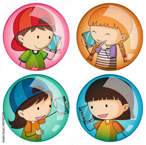 Sticker template with kids on the phone