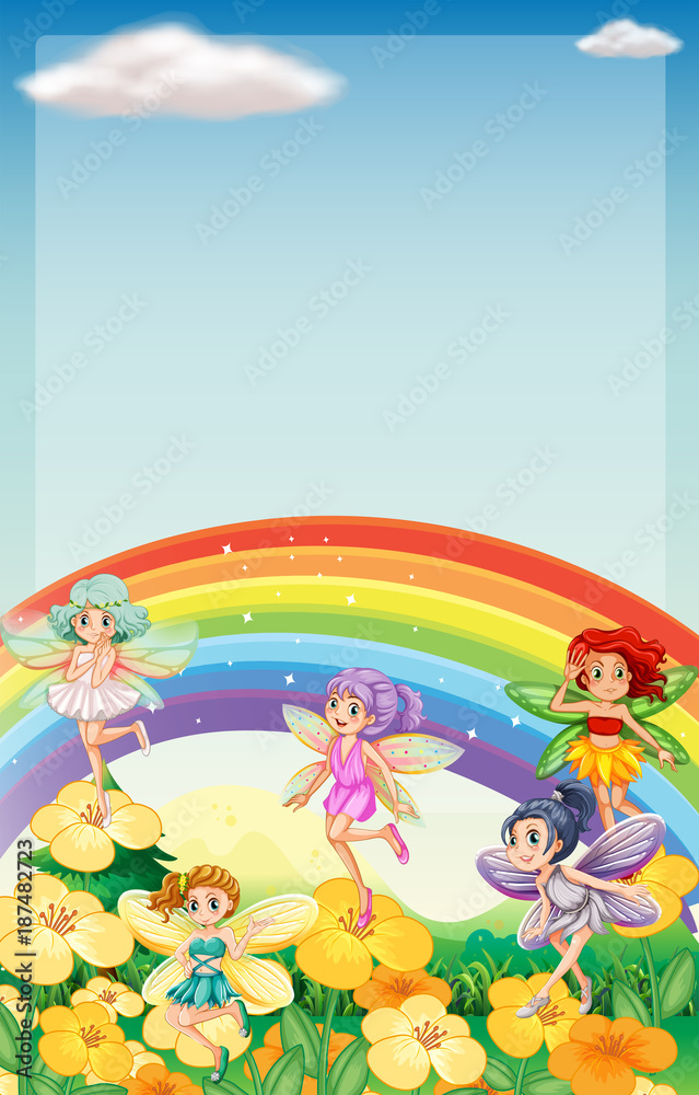 Obraz premium Background scene with fairies flying over rainbow