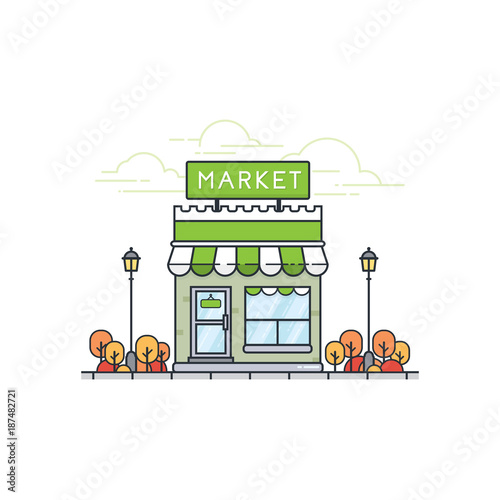 Shop and store in flat design style. Store building illustration. Grocery store facade. Flat design store front. Vector illustration