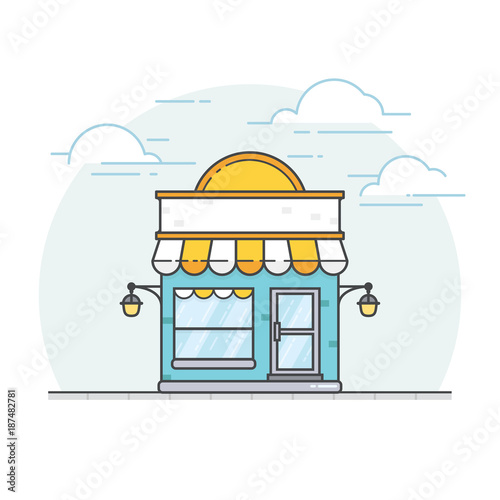 Storefront in flat style. Flat design of store building. Vector illustration of front facade building store. Online store vector illustration